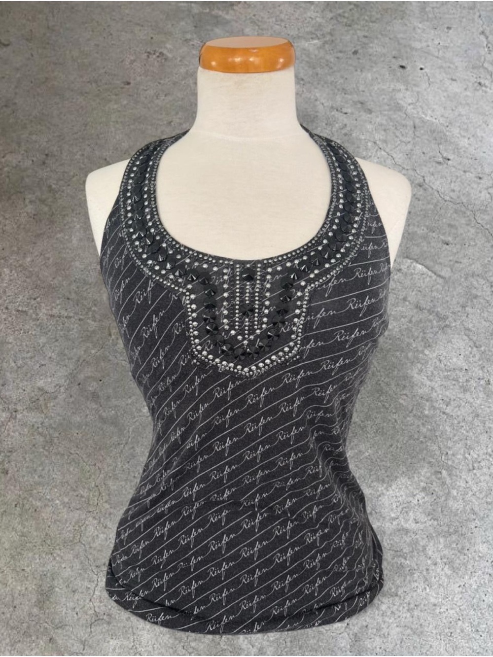 Embellished Black Racerback Tank with Script Print